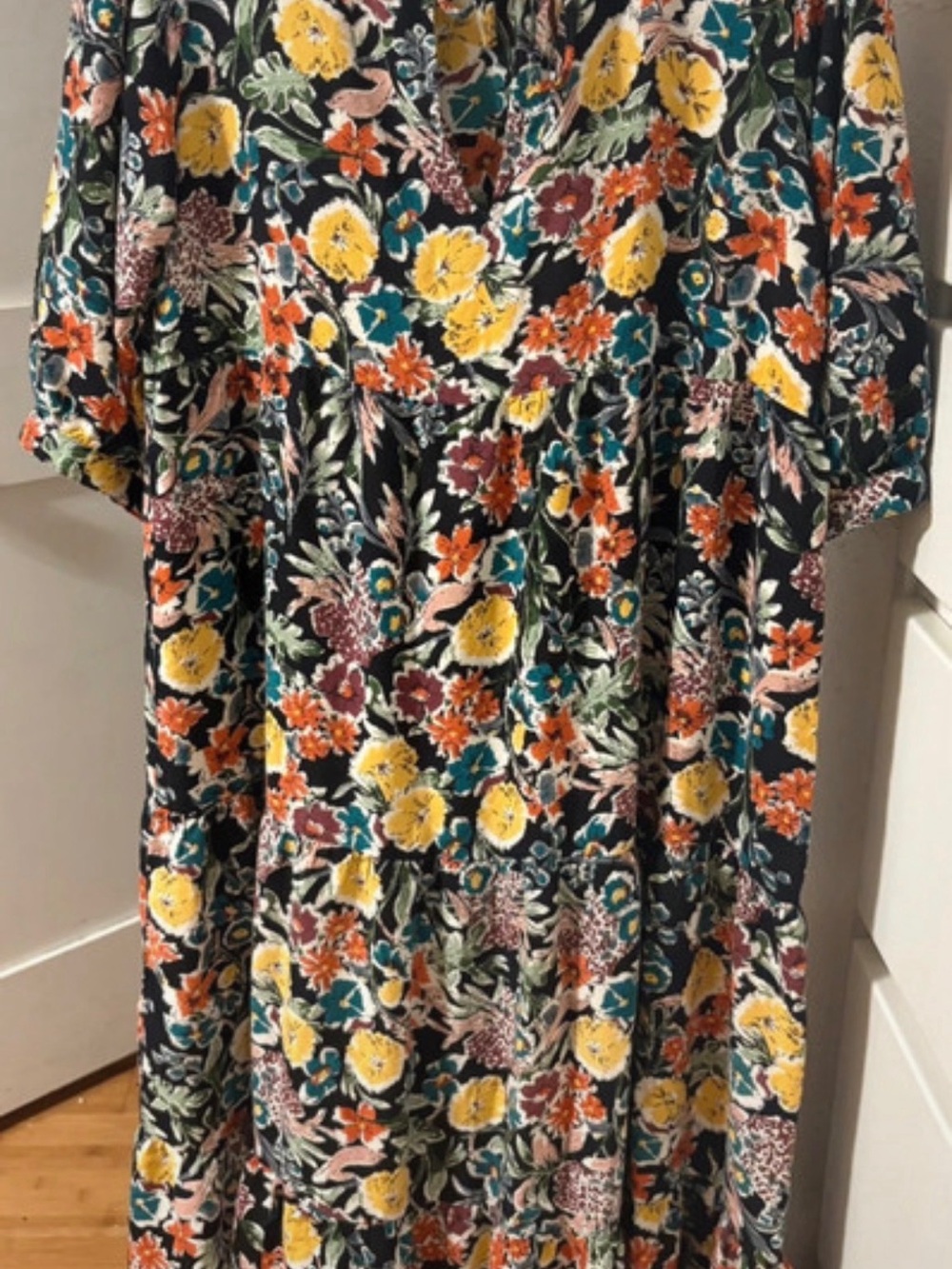 NATURAL LIFE Black Floral Tiered Dress with Yellow, Orange & Teal Blooms